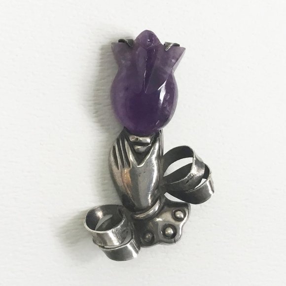 Vintage Mexico 925 Silver Hand Holding Purple Amethyst Tulip Brooch Pendant